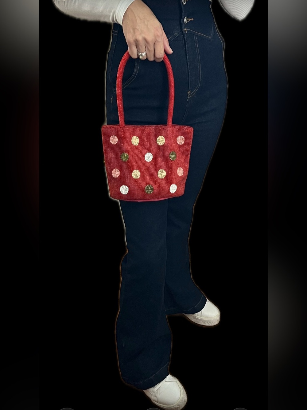 Red Beaded Polka Dot Tote Bag with Rolled Handles